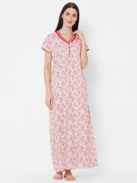 

Sweet Dreams Women Peach-Coloured & Red Cotton Printed Maxi Nightdress