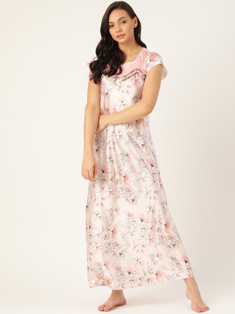 

Sweet Dreams Pink & Black Floral Print Satin Finish Maxi Nightdress
