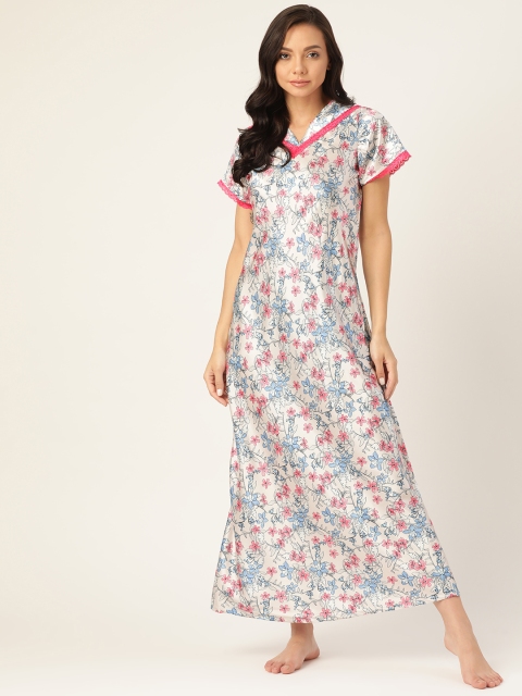 

Sweet Dreams Cream-Coloured & Pink Printed Satin Finish Maxi Nightdress