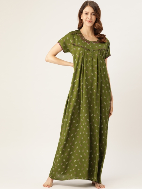 

Sweet Dreams Olive Green & White Printed Maxi Nightdress