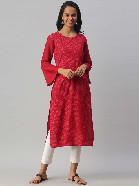 

Soch Women Red Geometric Print & Embroidered Bell Sleeves Mirror Work Kurta