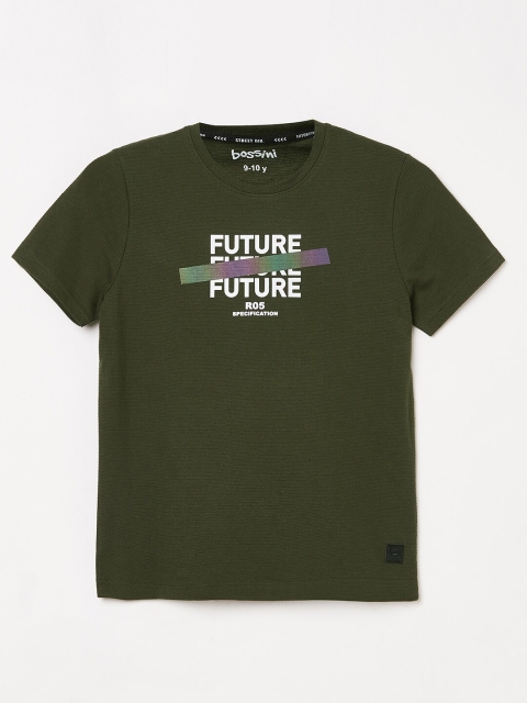 

Bossini Boys Olive Green Printed Round Neck Cotton T-shirt