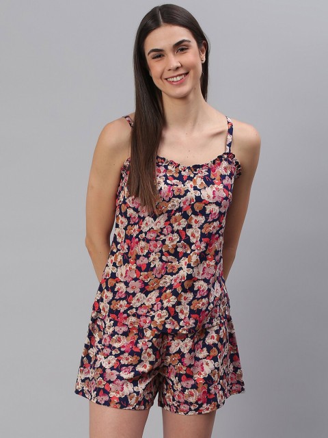 

Cation Women Navy Blue & Pink Floral Printed Night Suit