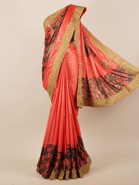 

Pothys Orange & Brown Woven Design & Floral Print Embellished Saree