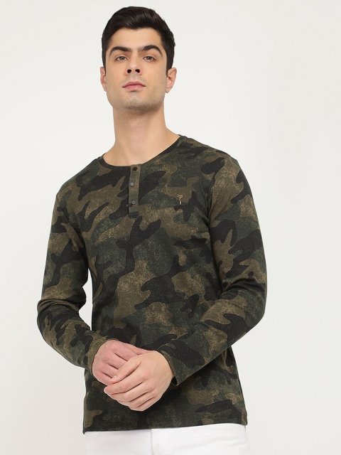 

V2 Value & Variety Men Green & Mustard Brown Pure Cotton Henley Neck T-shirt