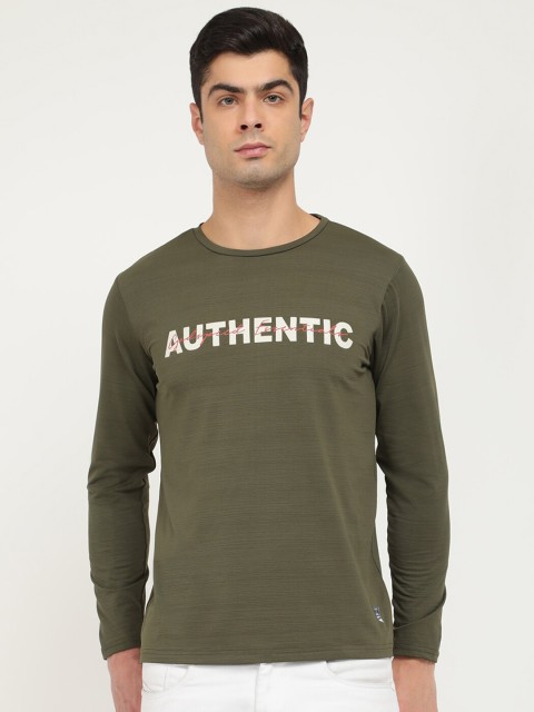 

V2 Value & Variety Men Olive Green & White Pure Cotton Typographic Print T-shirt