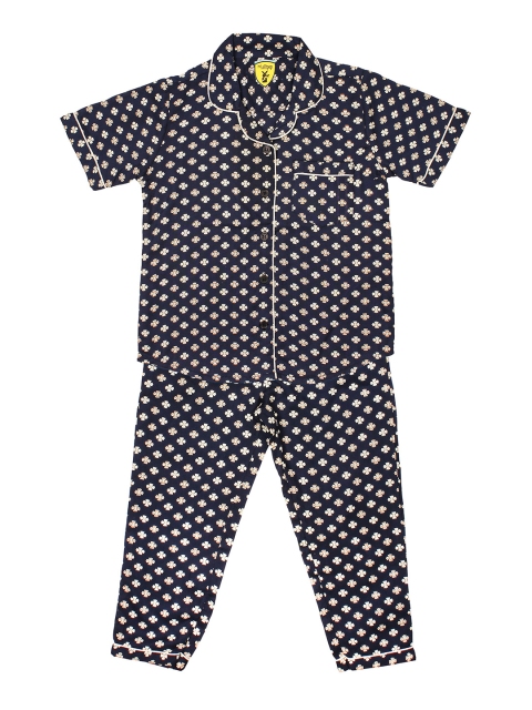 

Lil Lollipop Girls Navy Blue & Beige Floral Printed Cotton Night Suit