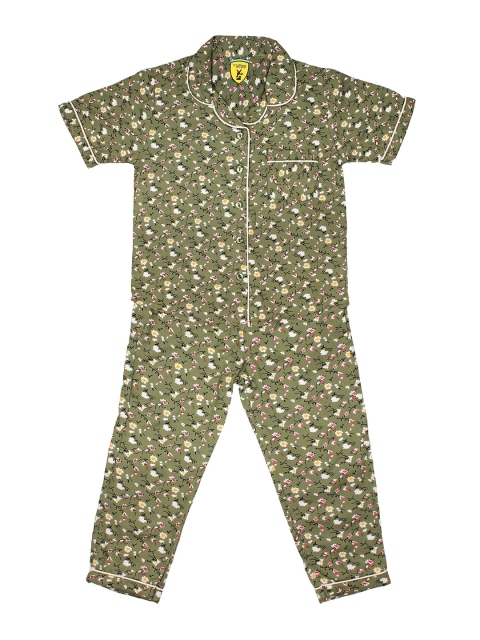 

Lil Lollipop Girls Olive Green & White Printed Cotton Night Suit