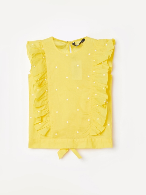 

Fame Forever by Lifestyle Girls Yellow & White Polka Dots Printed Pure Cotton Regular Top