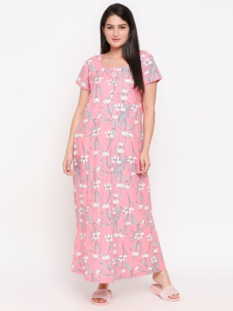 

XIN Pink & White Floral Printed Cotton Nightdress