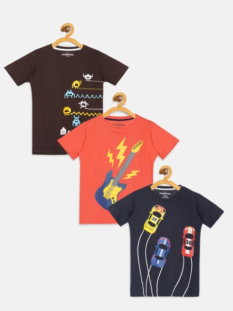 

DukieKooky Boys Pack Of 3 Printed Pure Cotton Round Neck T-shirt, Brown
