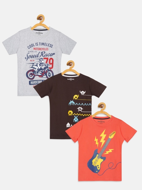 

DukieKooky Boys Pack Of 3 Printed Pure Cotton Round Neck T-shirt, Grey melange