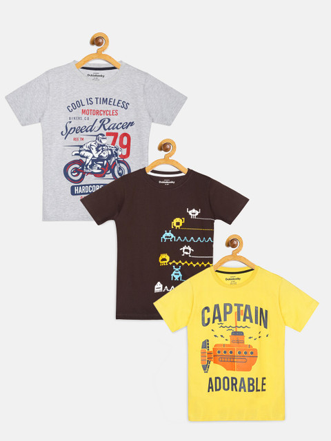 

DukieKooky Boys Pack Of 3 Printed Pure Cotton Round Neck T-shirt, Grey melange