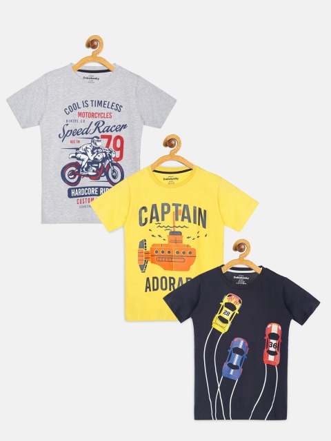 

DukieKooky Boys Pack Of 3 Printed Pure Cotton Round Neck T-shirt, Grey melange