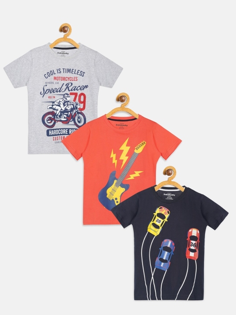 

DukieKooky Boys Pack Of 3 Printed Pure Cotton Round Neck T-shirt, Grey melange