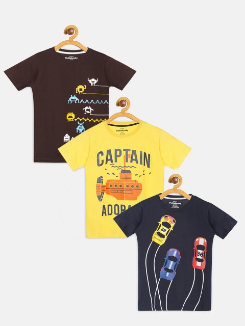 

DukieKooky Boys Pack Of 3 Printed Pure Cotton Round Neck T-shirt, Brown