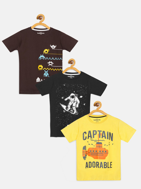 

DukieKooky Boys Pack Of 3 Printed Pure Cotton Round Neck T-shirt, Brown