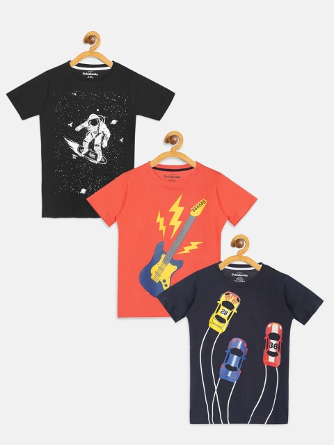 

DukieKooky Boys Pack Of 3 Printed Pure Cotton Round Neck T-shirt, Black