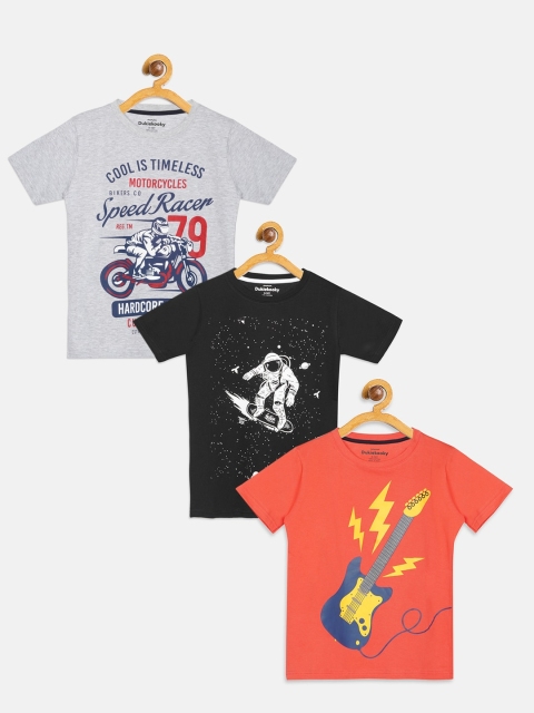 

DukieKooky Boys Pack Of 3 Printed Pure Cotton Round Neck T-shirt, Grey melange