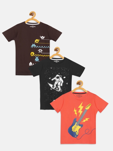 

DukieKooky Boys Pack Of 3 Printed Pure Cotton Round Neck T-shirt, Brown