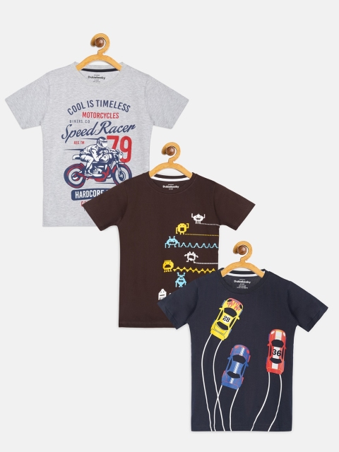 

DukieKooky Boys Pack Of 3 Printed Pure Cotton Round Neck T-shirt, Grey melange