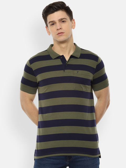 

Van Heusen Sport Men Olive Green & Navy Blue Striped Polo Collar T-shirt