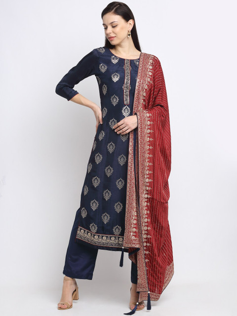 

Stylee LIFESTYLE Navy Blue & Maroon Art Silk Unstitched Dress Material