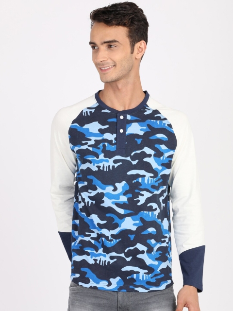 

ANTHEM Men Blue Printed Henley Neck T-shirt