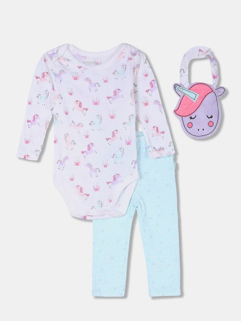

The Childrens Place Girls Turquoise Blue & Lavender Printed Top with Leggings & Bib