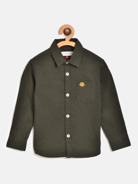 

U S Polo Assn Kids Boys Olive Green Solid Pure Cotton Casual Shirt