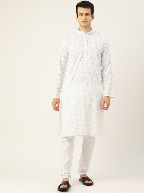 

RAJUBHAI HARGOVINDAS Men White Ethnic Motifs Embroidered Chikankari Pure Cotton Kurta with Churidar