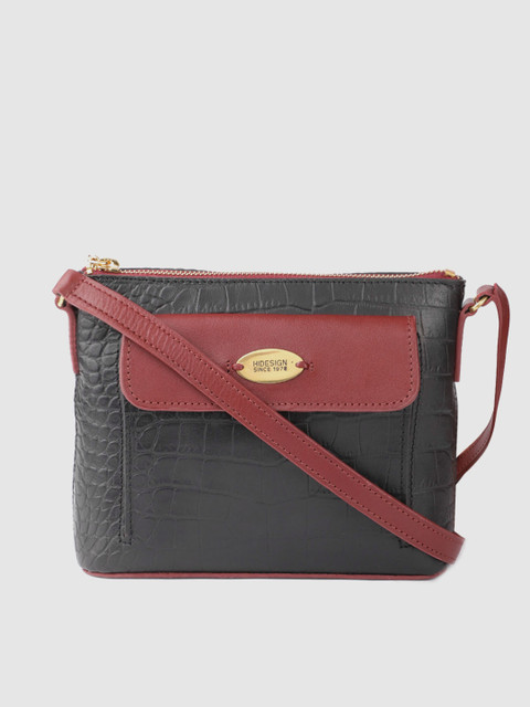 

Hidesign Black & Burgundy Croc Textured Leather Structured Sling Bag