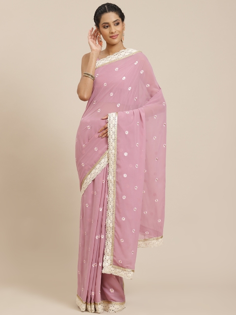 

Inddus Lavender & Gold-Toned Floral Sequinned Saree