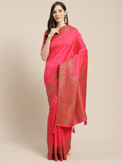 

Inddus Fuchsia & Golden Woven Design Beads and Stones Saree