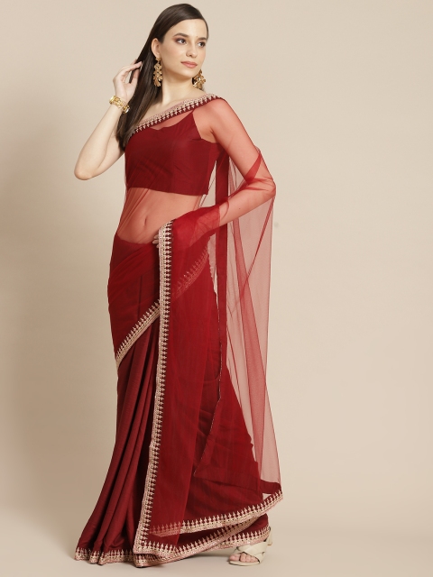 

Inddus Maroon Solid Saree with Embroidered Border