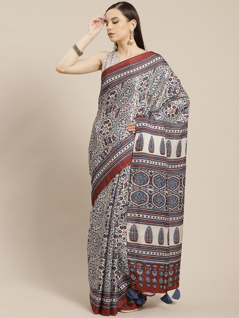 

Inddus Cream-Coloured & Brown Ethnic Motifs Saree