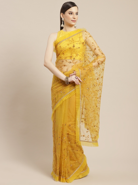 

Inddus Mustard Yellow Floral Sequinned Net Saree