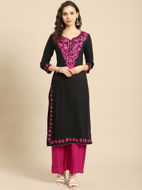 

Saadgi Women Black Ethnic Motifs Yoke Design Chikankari Kurta with Palazzos