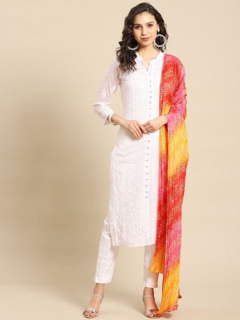 

Saadgi Women White Ethnic Motifs Embroidered Chikankari Kurta with Trousers & Dupatta