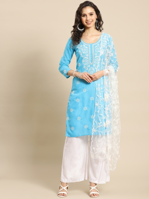 

Saadgi Women Blue Motifs Chikankari Handloom Aari Work Kurta with Palazzos & Dupatta