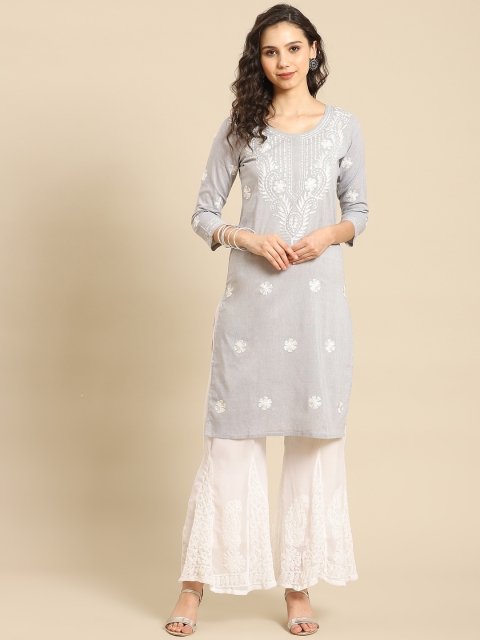 

Saadgi Women Grey & White Motifs Chikankari Cotton Handloom Straight Kurta with Palazzos
