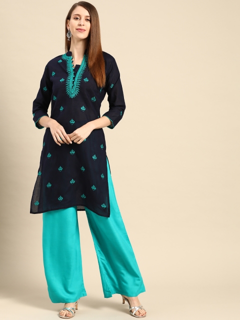 

Saadgi Women Navy Blue & Teal Green Embroidered Chikankari Kurta with Palazzos