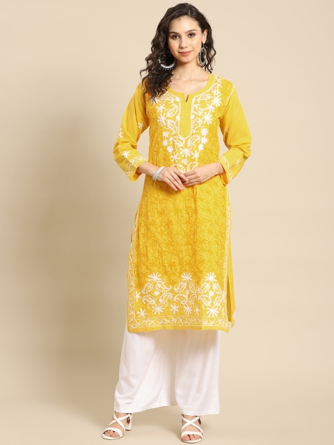 

Saadgi Women Mustard Yellow & White Motifs Chikankari Handloom Cotton Kurta with Palazzos
