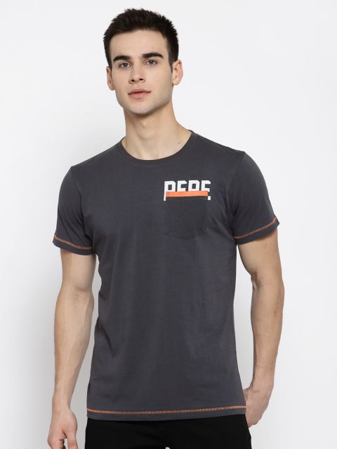 

Pepe Jeans Men Charcoal Solid Round Neck Pure Cotton T-shirt
