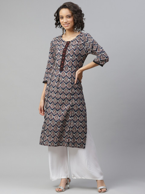 

HERE&NOW Women Navy Blue & Maroon Ethnic Motifs Pure Cotton Printed Kurta