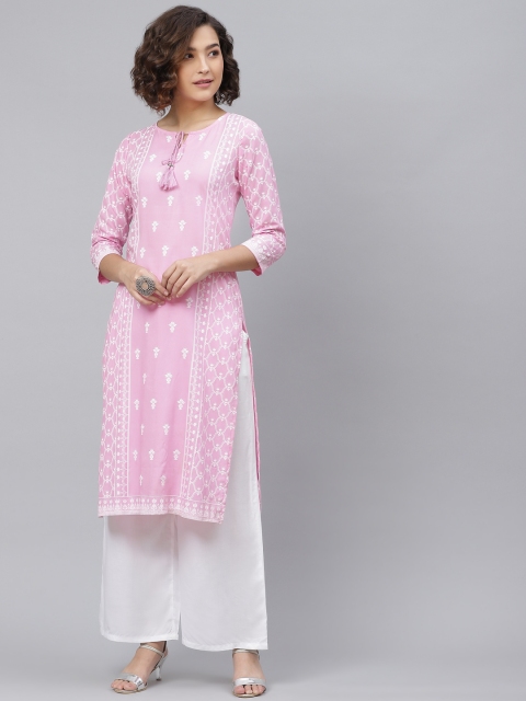 

HERE&NOW Women Pink & White Ethnic Motifs Printed Straight Kurta & Palazzos
