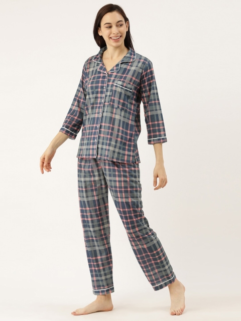 

Bannos Swagger Women Blue & Peach-Coloured Checked Night suit