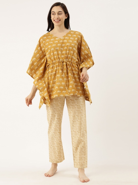 

Bannos Swagger Women Mustard Yellow & Beige Printed Kaftan Night Suit