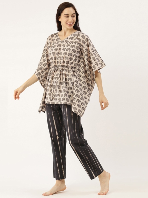 

Bannos Swagger Women Beige & Black PrintedCotton Night suit