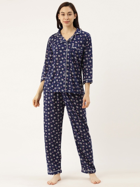 

Bannos Swagger Women Navy Blue & Grey Printed Night suit